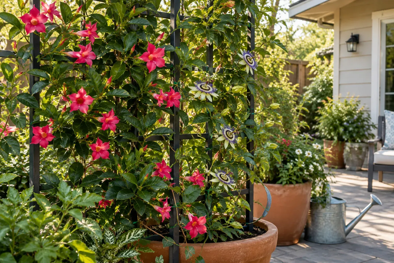 Tropical flowering vines trained on a sturdy trellis beside container plants in a sunny backyard.