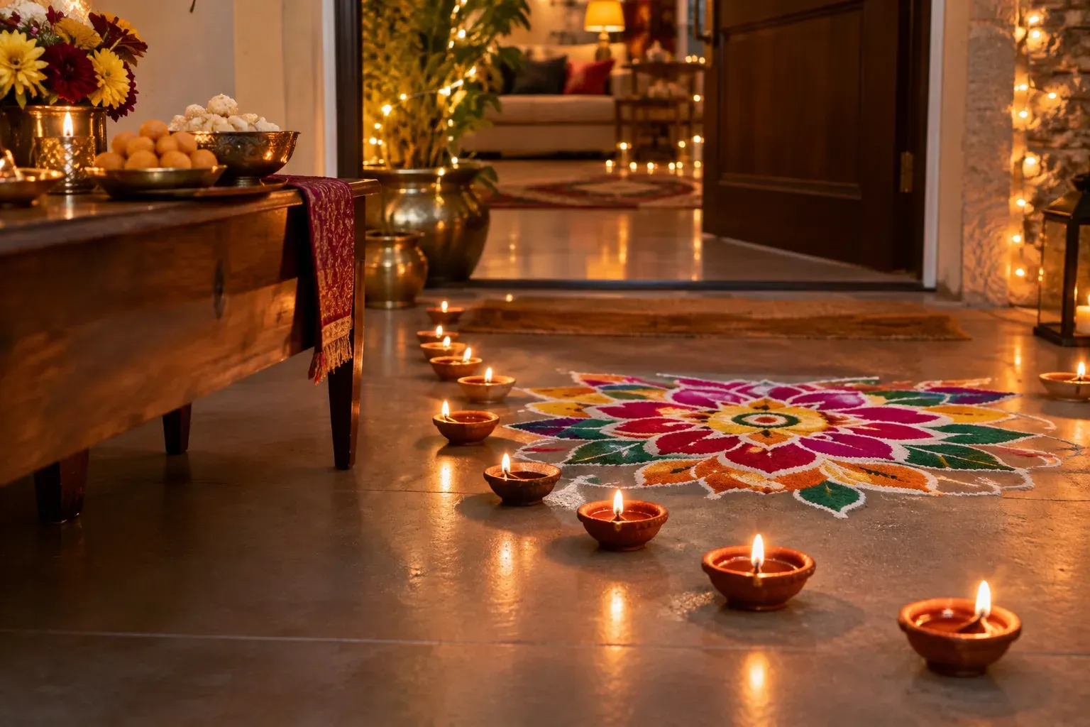 Clay diyas glow beside a colorful rangoli at a Diwali gathering.