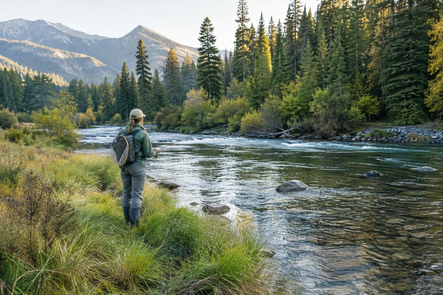 A beginner fly angler casts from the grassy bank of a clear trout stream.