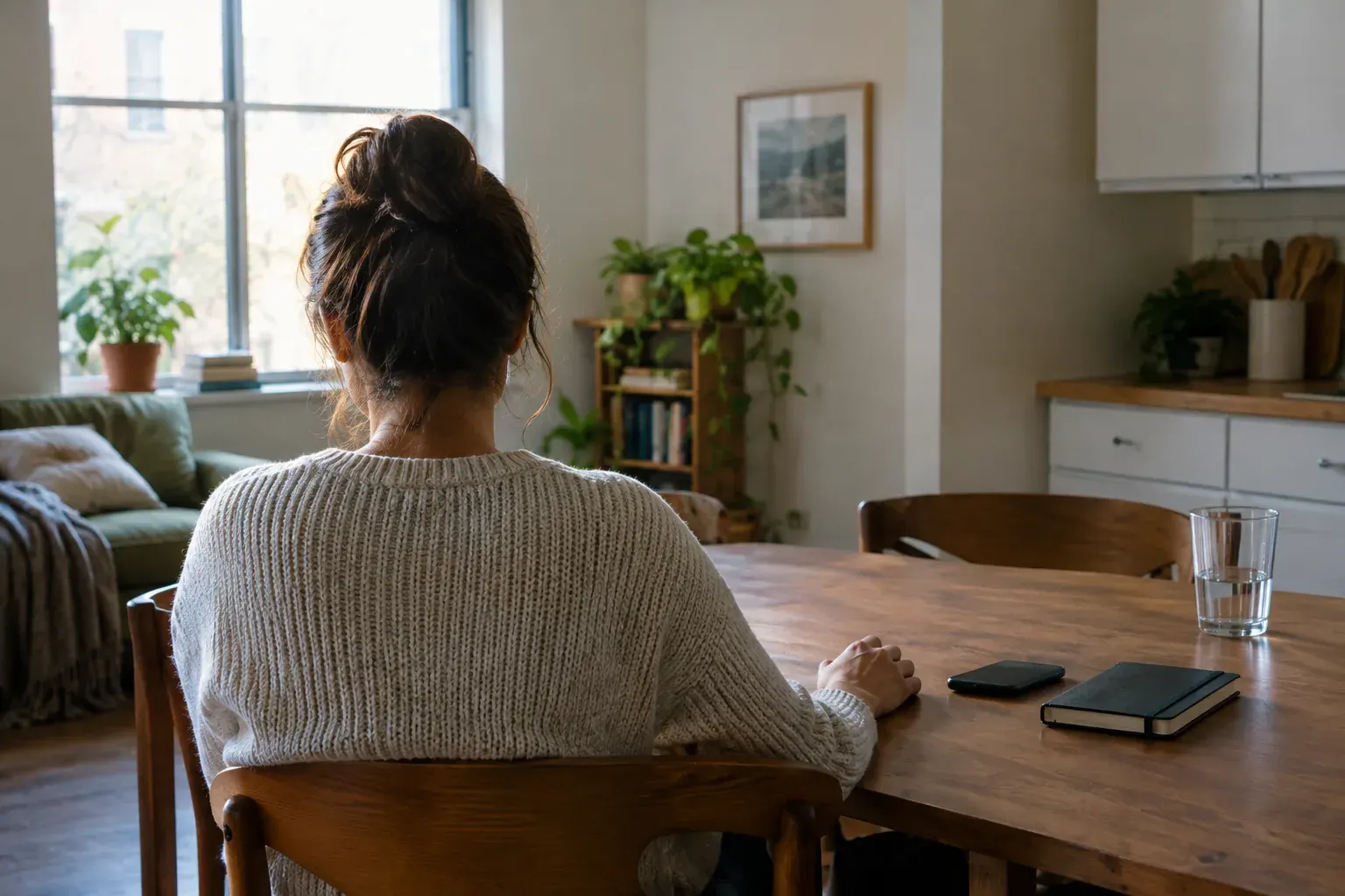 A person sits beside a phone at a kitchen table, pausing to think about social media boundaries.