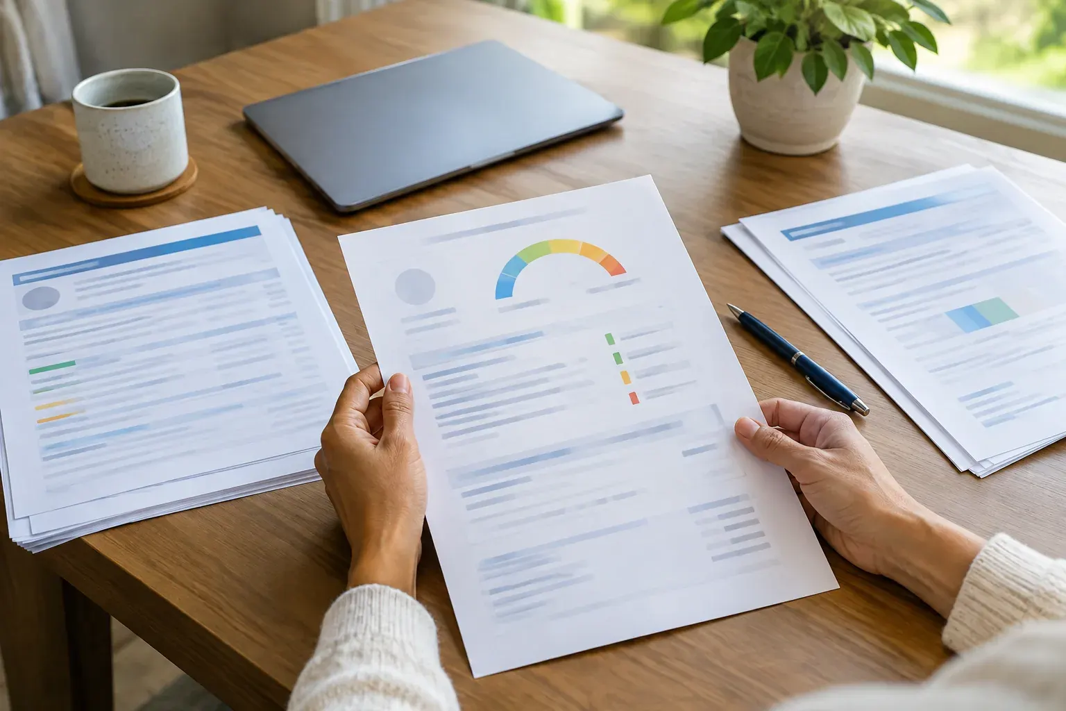 Hands reviewing credit report pages at a home desk