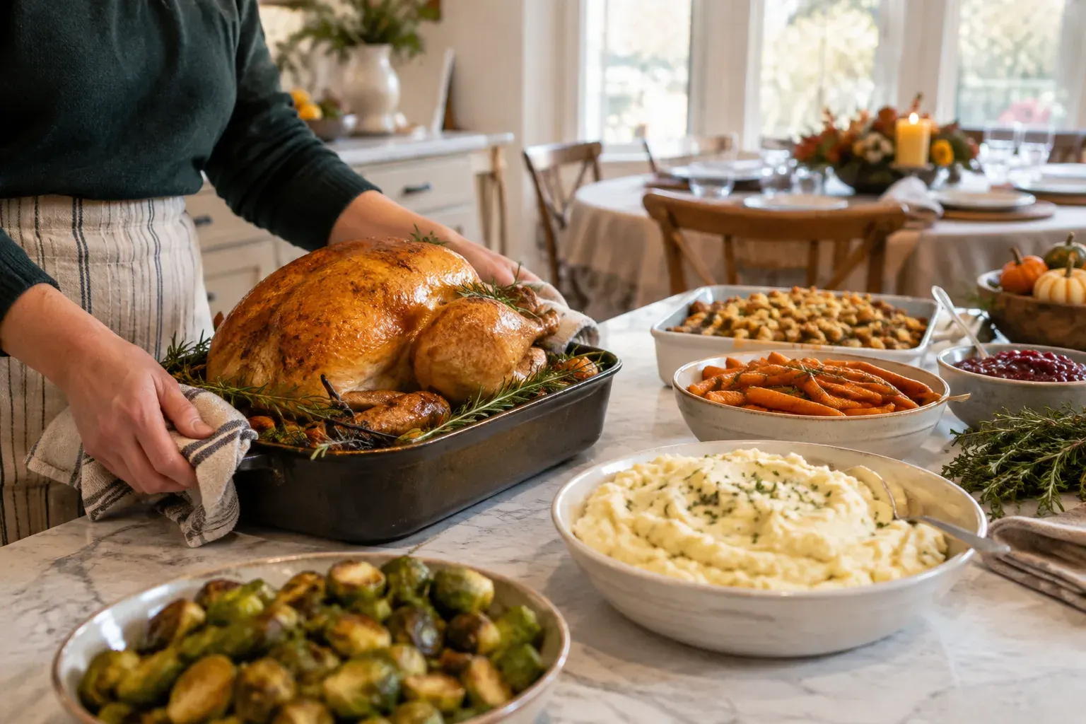 Hands prepare a roasted turkey and side dishes in a home kitchen before Thanksgiving dinner.